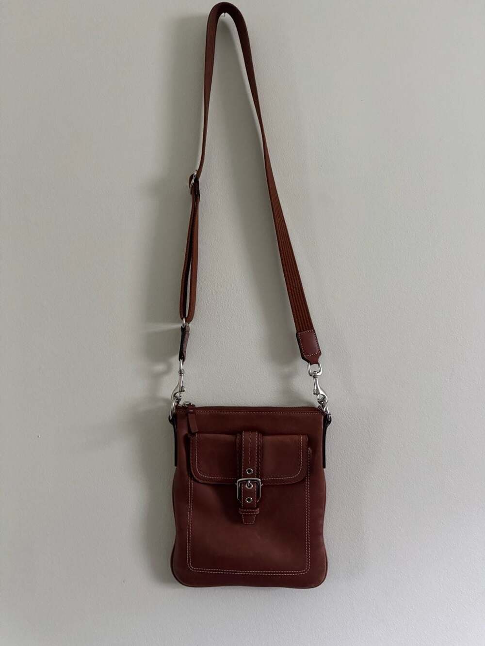 Coach Brown Leather Crossbody Bag with Buckle Pocket and Webbing Strap